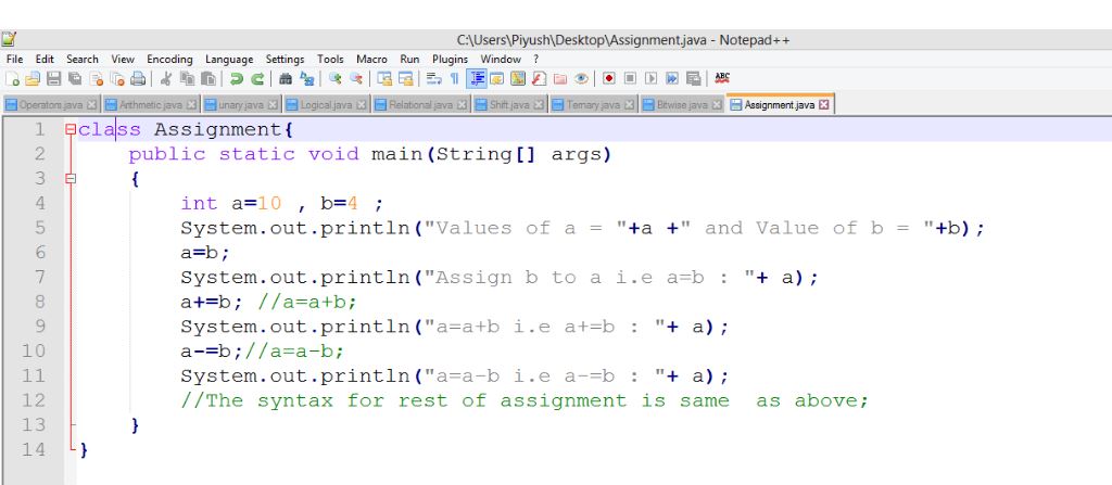 This image describes a sample program of assignment operators in java.